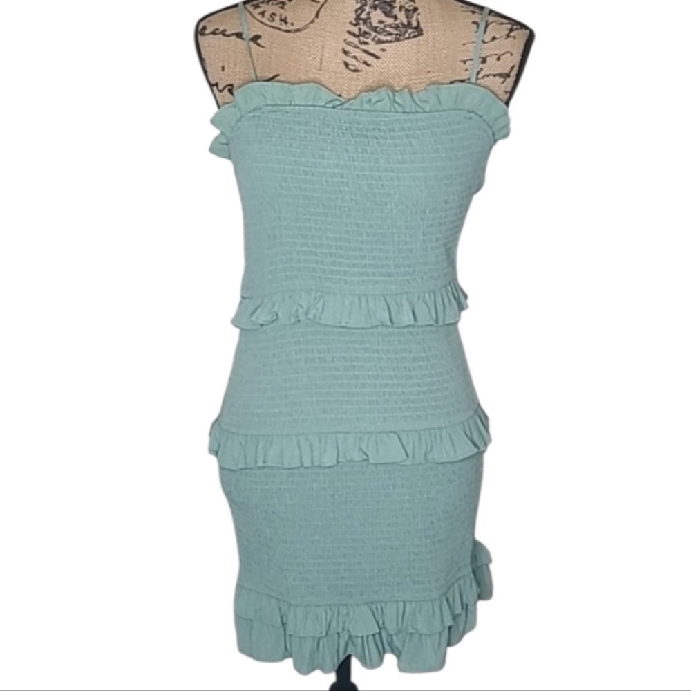 Blue Blush All Over Green Smocked Ruffle Mini Dress
